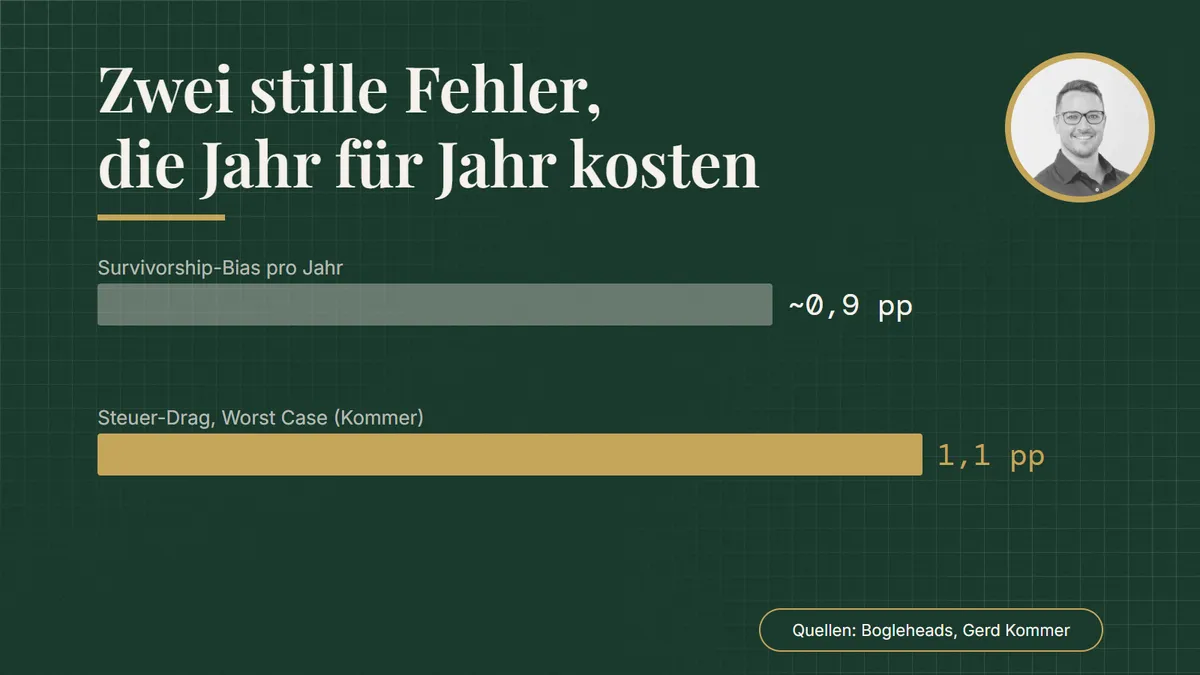 Zwei stille Fehler, die Jahr für Jahr kosten. Balkendiagramm: Survivorship-Bias pro Jahr ~0,9 pp; Steuer-Drag, Worst Case (Kommer) 1,1 pp. Quellen: Bogleheads, Gerd Kommer.